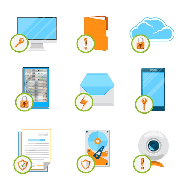 Free vector data protection flat icon set. protection data,  computer internet, cloud and network, security device and storage hardware.