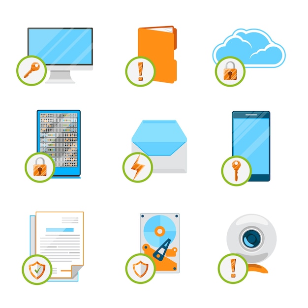 Data protection flat icon set. Protection data,  computer internet, cloud and network, security device and storage hardware.