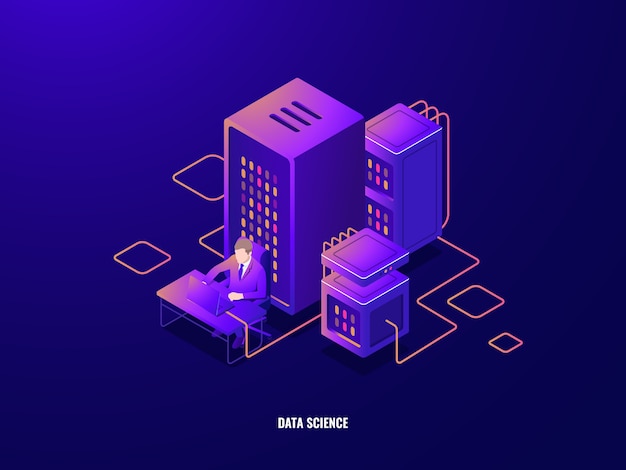 Data research isometric icon, information analyzing and big data processing, artificial intelligence