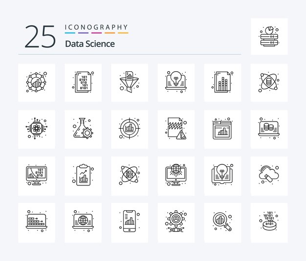 Data Science 25 Line icon pack including analytics laptop analytics ideas funnel