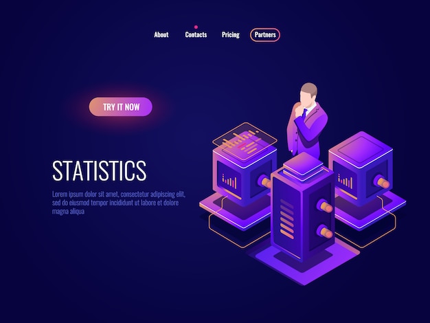 Data science, big data processing isometric icon, data base datacenter concept, programm information