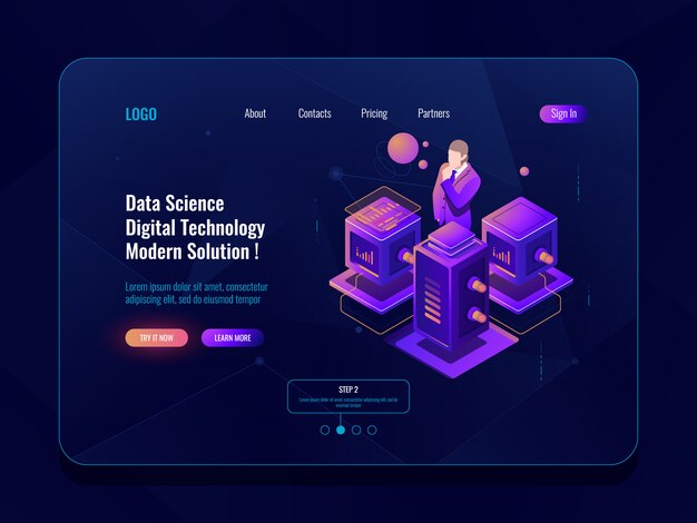 data science, big data processing, server room, database and data center concept