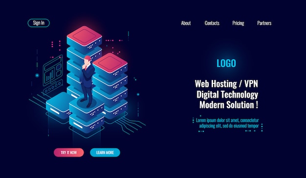 Data security concept isometric icon, database and data center, information management, server room