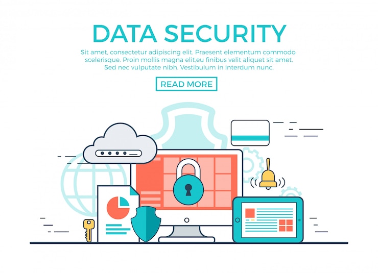 Free Vector data security concept linear vector illustration with text template