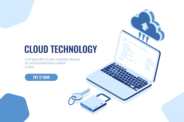 Data security isometric concept, cloud storage technology, data transfer remote server room database