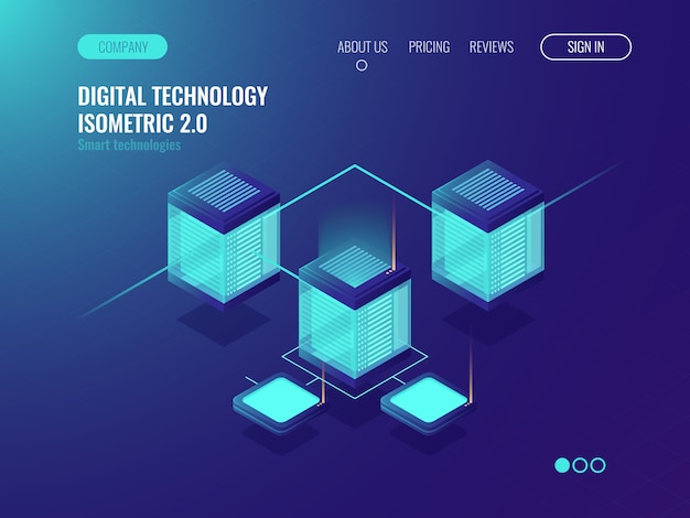 Vettore gratuito rack room server dati, schema di elaborazione bigdata, concetto di topologia di rete