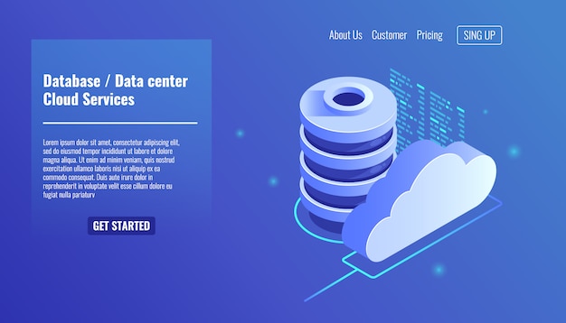 Vettore gratuito icona di database e datacenter, concetto di servizi cloud, backup e salvataggio di file