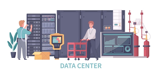 Datacenter cartoon composition with text and view of servers computers cooling system and characters of workers illustration