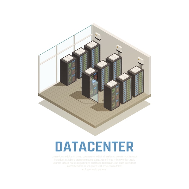 Datacenter composition with information storage and database symbols isometric