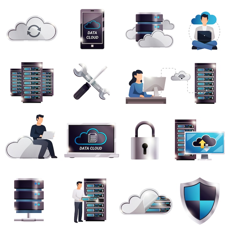 Free Vector datacenter hosting server cloud set