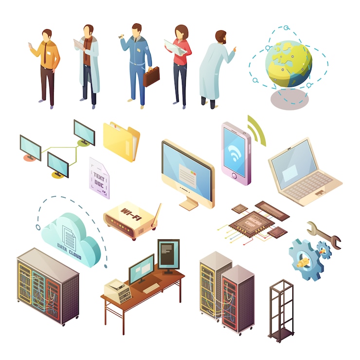 Free Vector datacenter isometric isolated icons set of server hardware and technical staff supporting safety of 