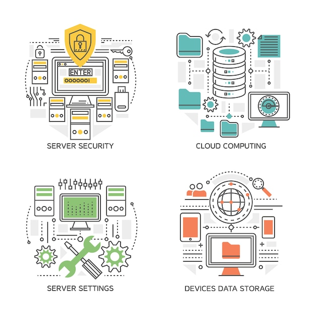 Бесплатное векторное изображение Линейные составы цод, включая настройки сервера и устройства безопасности облачных вычислений, хранят информацию