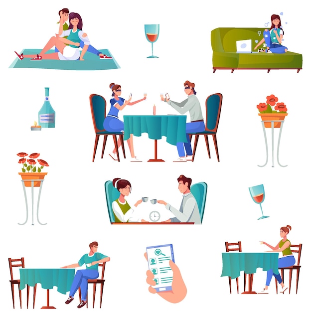 Free vector date set of flat icons with characters of loving couple with images of drinks and flowers vector illustration