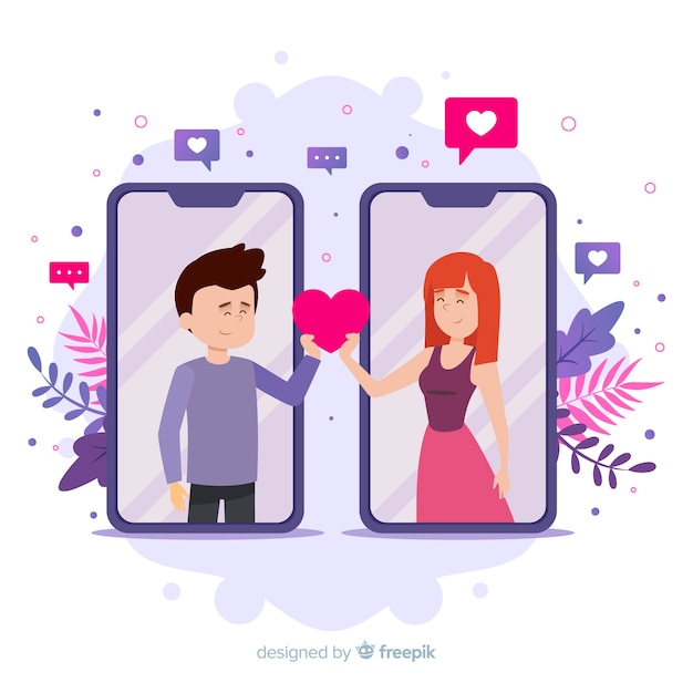 Dating app concept with boy and girl receiving a heart