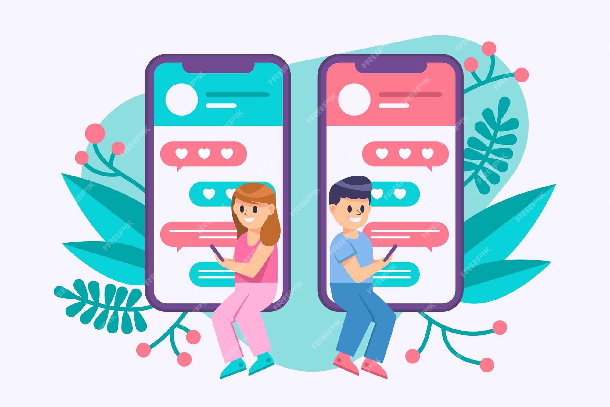 Man and woman using online dating app on smartphone and meeting at table,  tiny people. Blind date, speed dating, online dating service concept.  Website vibrant violet landing web page template. Stock Vector