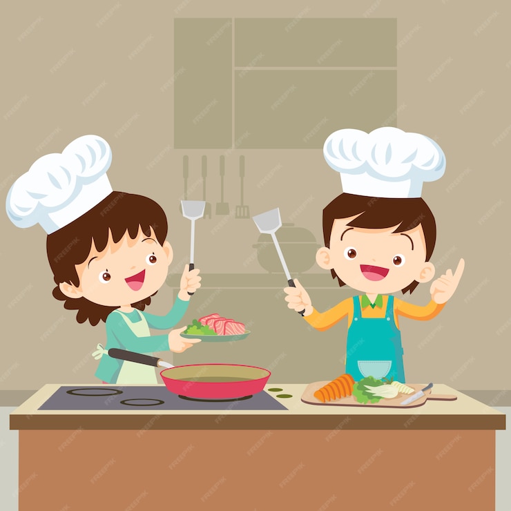 Premium Vector | Daughter cooking with mom