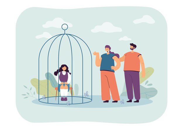 Daughter sitting in cage for bad deed flat vector illustration. Mother and father punishing kid for misbehaving. Parenthood, discipline, family concept for banner, website design or landing web page