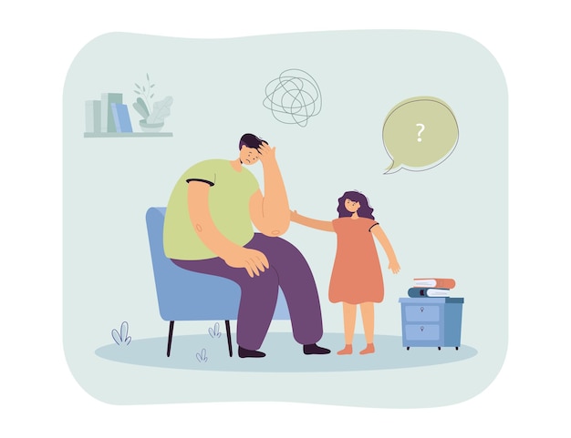 Free vector daughter worrying about sad father. girl comforting confused male character sitting on chair flat illustration