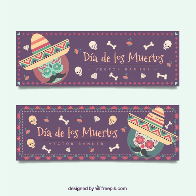 Day of the dead banners of mexican skulls and bones