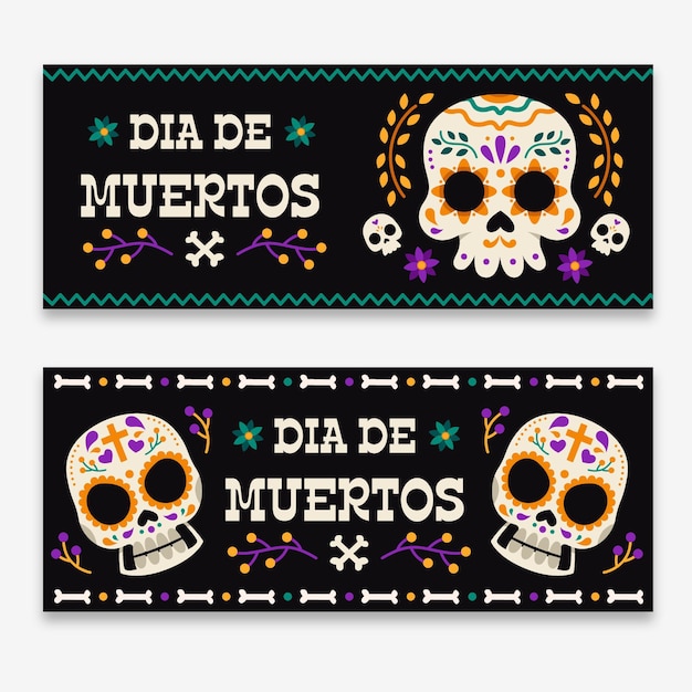 Free vector day of the dead banners with skulls