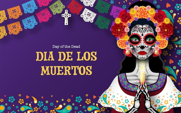 Day of the dead dia de los muertos sugar skull with marigold flowers