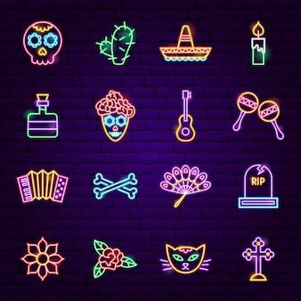 Day of the dead neon icons. vector illustration of holiday symbols.