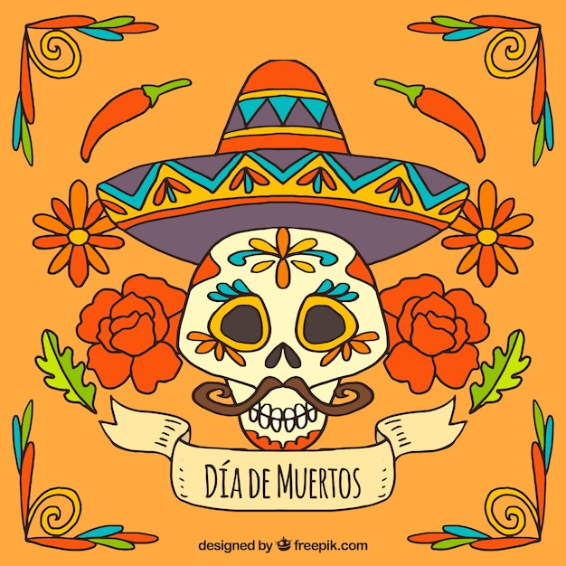 Day of the dead skull background with mexican hat