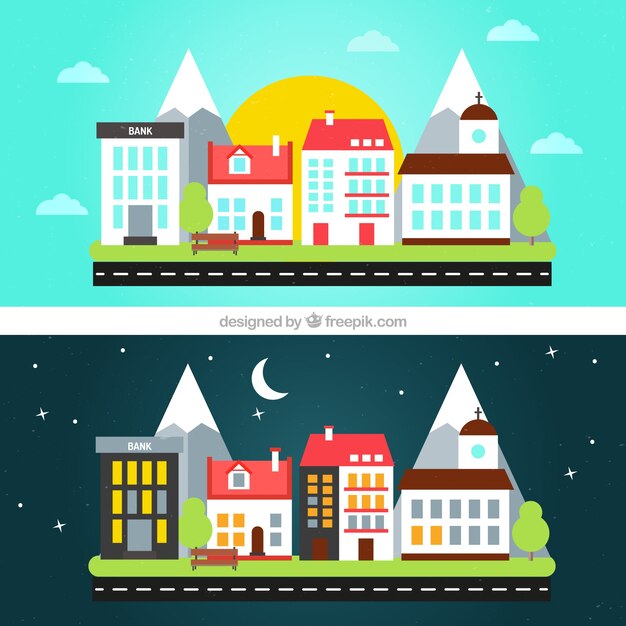 Free vector day and night city in flat design