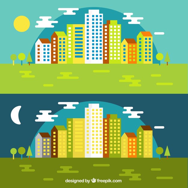 Day and night cityscape in flat design