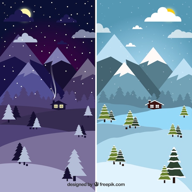 Free vector day and night at winter forest