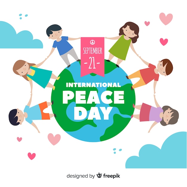 Day of peace with children holding hands and hearts