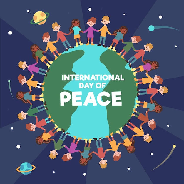 Free vector day of peace with people holding hands around the wold