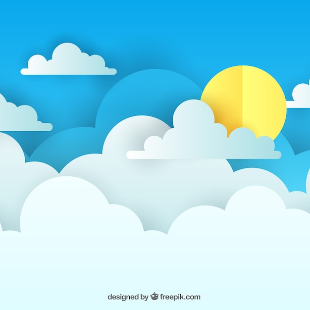 Free vector day sky background with clouds in paper texture