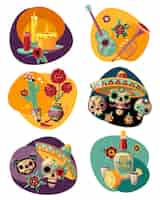 Free vector dead day celebration 6 colorful compositions set with ornamented sugar sculls masks candles tequila