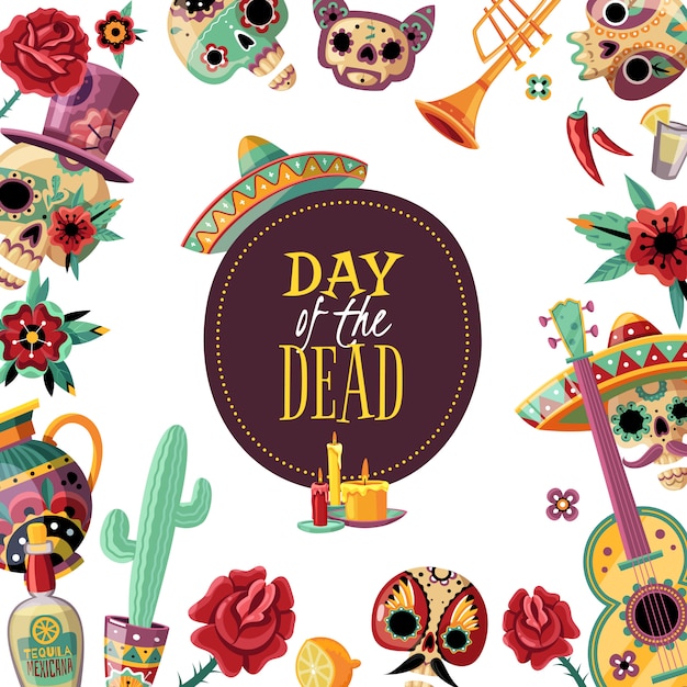 Dead day square frame poster with event elements decorative border guitar scull in sombrero cactus