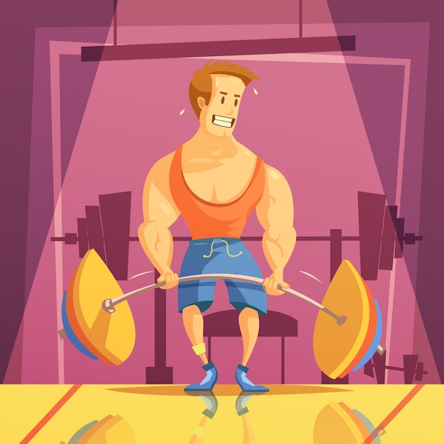 Бесплатное векторное изображение Тяга и тренажерный зал мультфильм фон с весом человека и штангой