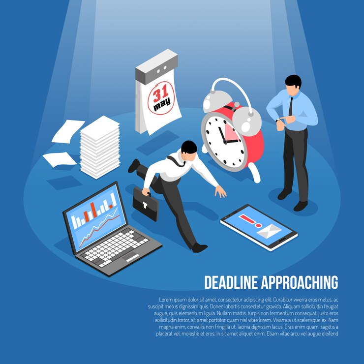 Free Vector deadline approaching template with alarm clock calendar laptop and hurrying men 3d