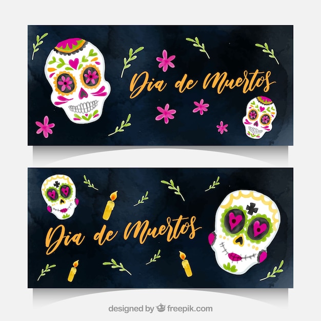 Free vector deads' day banners with watercolor skulls