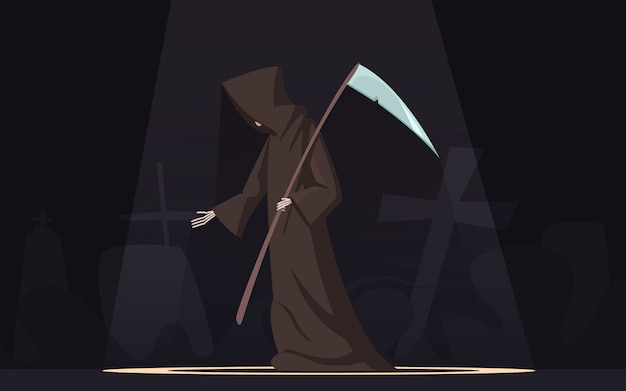 無料ベクター スポットライト暗い背景で鎌の伝統的な黒いフード付き死神の象徴的な図との死