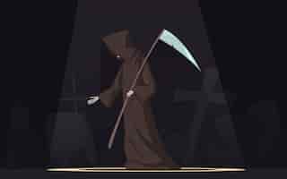 Free vector death with scythe traditional black-hooded grim reaper symbolic figure in spotlight dark background