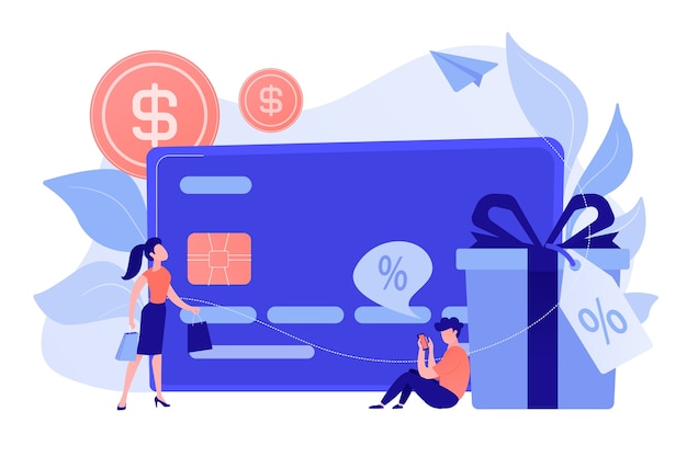 Free vector debit card, gift box and users. online card payment and plastic money, bank card purchase and shopping, e-commerce and secure bank saving concept. vector isolated illustration.