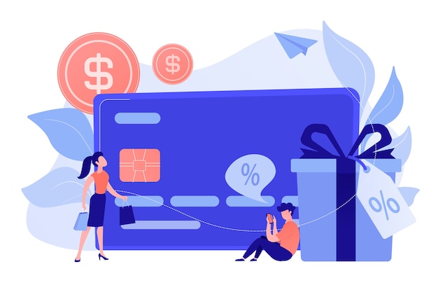 Debit card, gift box and users. Online card payment and plastic money, bank card purchase and shopping, e-commerce and secure bank saving concept. Vector isolated illustration.