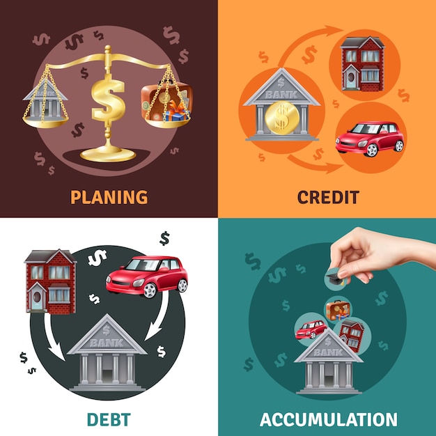 Free vector debt credit concept 4 flat icons