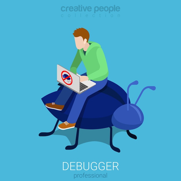 Free vector debugger profession programmer code analytic debug process flat isometric