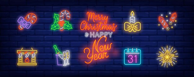 december holidays symbols set in neon style