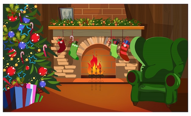 Decorated Christmas interior with fir-tree, fireplace and socks