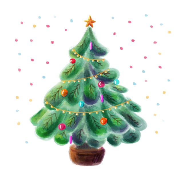 Decorated christmas tree watercolor style