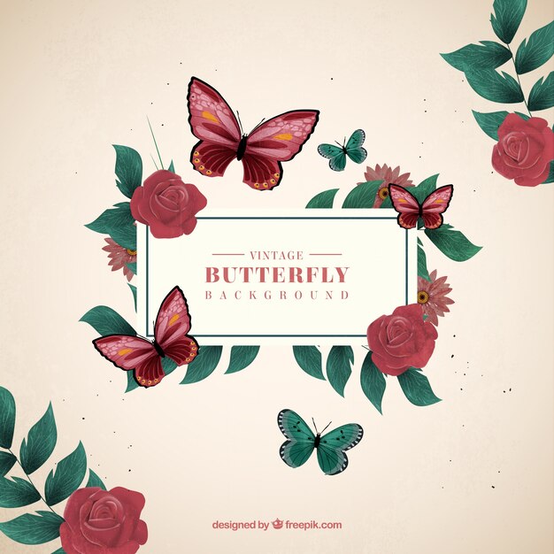 Decorative background of butterflies and roses