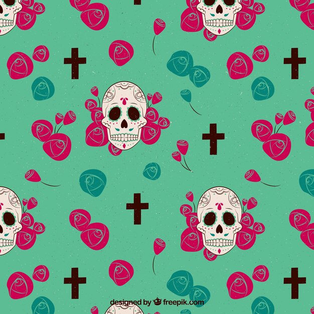 Decorative background of flowers and crosses with mexican skulls
