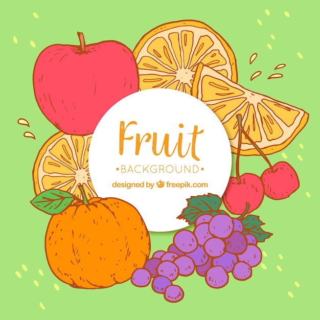 Decorative background of hand-drawn pieces of fruits